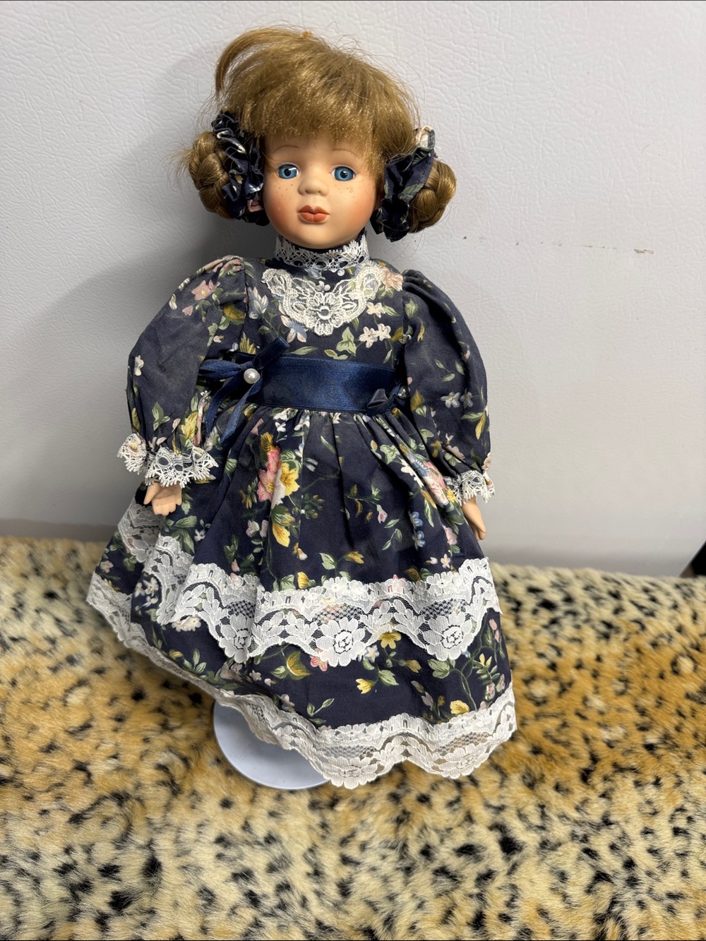 Classic Navy Floral Porcelain Doll with Lace Dress